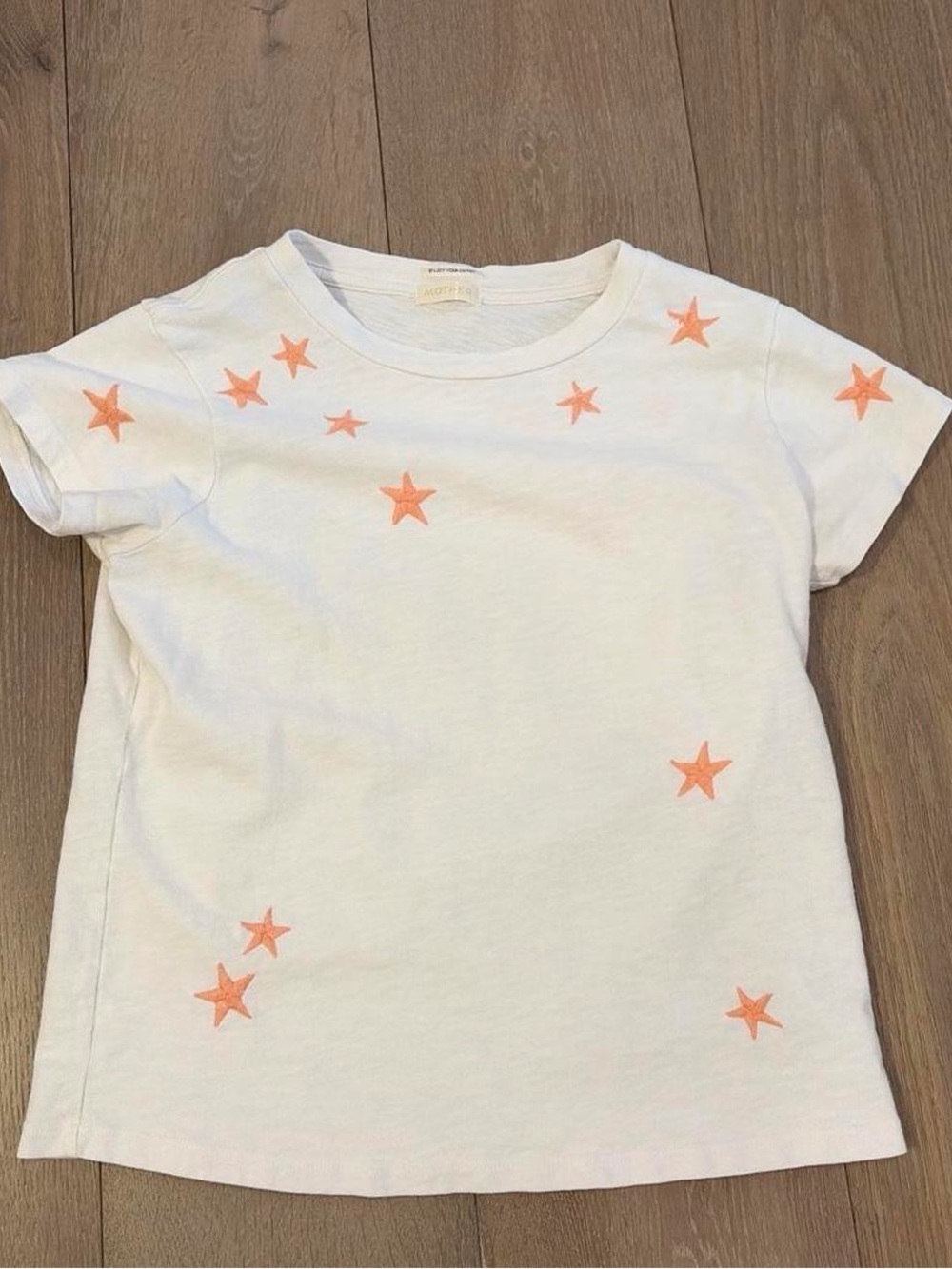 MOTHER White Tee with Coral Star Accents